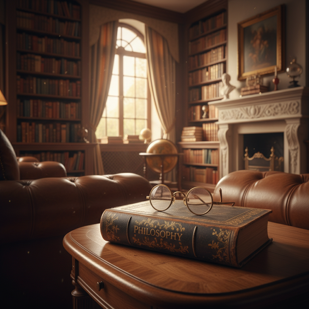 따뜻한 조명이 비치는 클래식한 서재에서 가죽 소파 옆 테이블에 놓인 두꺼운 철학 책과 돋보기 안경의 고해상도 이미지