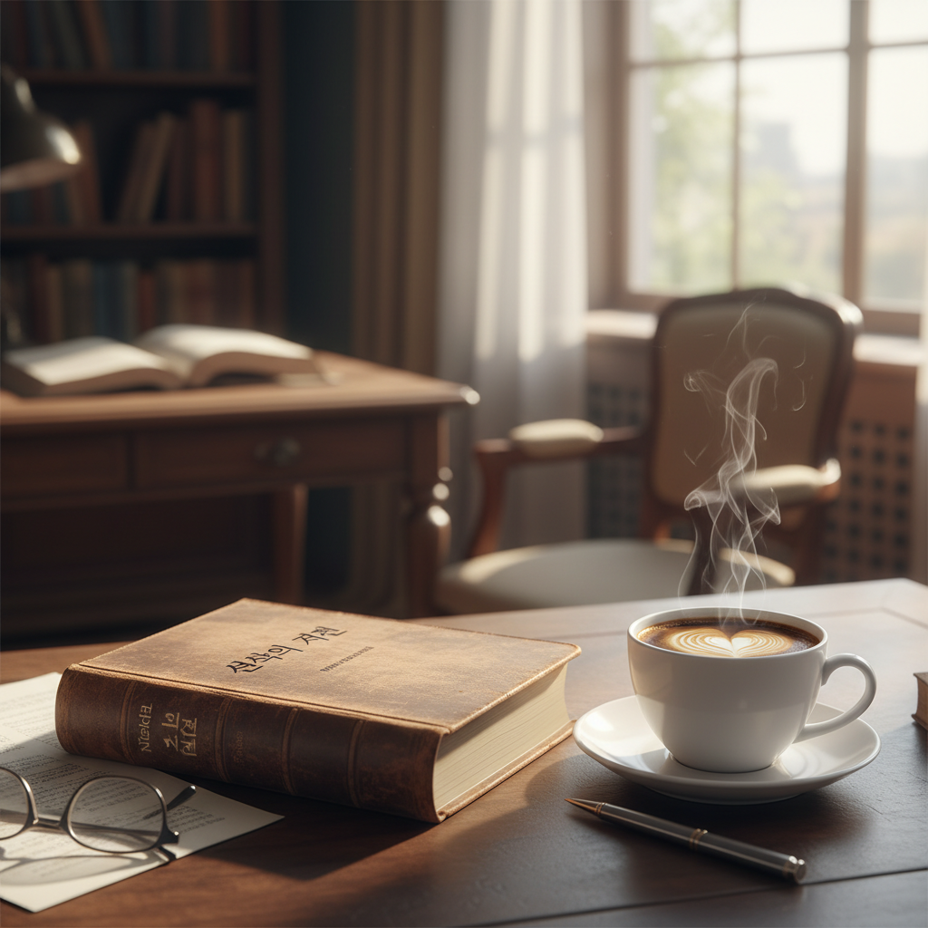 창가로 들어오는 부드러운 햇살을 받으며 펼쳐진 니체의 저서와 그 옆에 놓인 따뜻한 김이 모락모락 나는 커피 한 잔