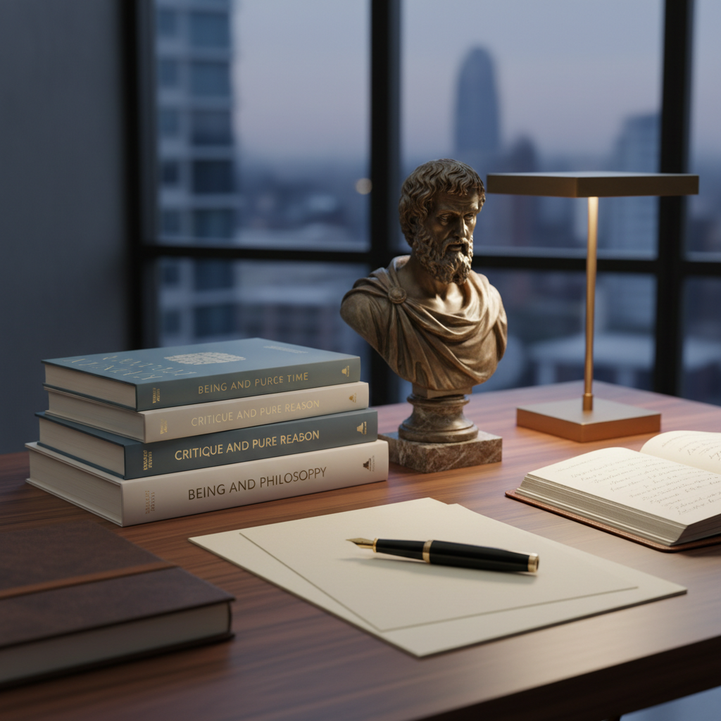 고대 그리스 조각상 옆에 정갈하게 쌓여 있는 현대 철학 서적들과 만년필이 놓인 지적인 분위기의 데스크테리어 사진