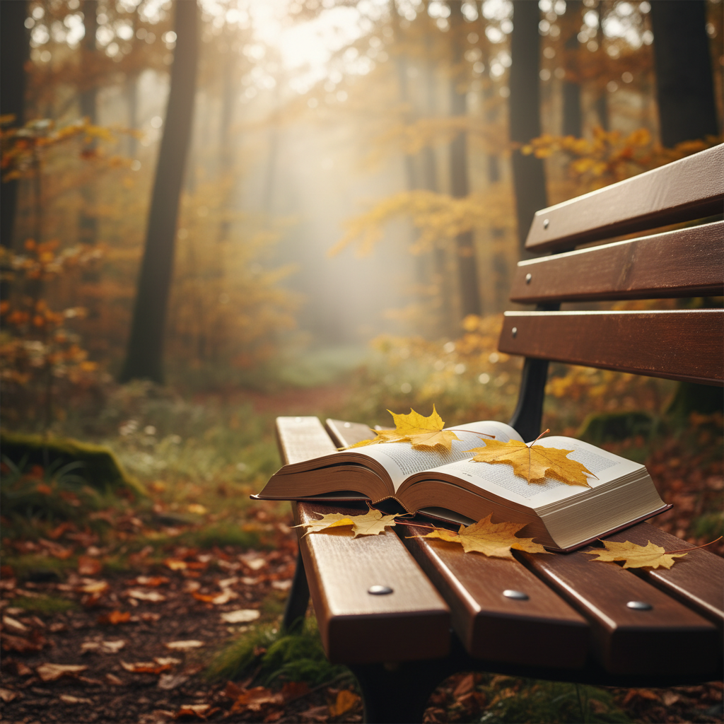 조용한 숲속 벤치 위에 펼쳐진 철학 책과 그 위로 떨어진 노란 단풍잎이 조화를 이루는 평화로운 가을 풍경